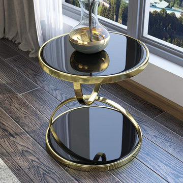 Black Round Side Table Tempered Glass with Storage End Table in Gold-Richsoul-End & Side Tables,Furniture,Living Room Furniture